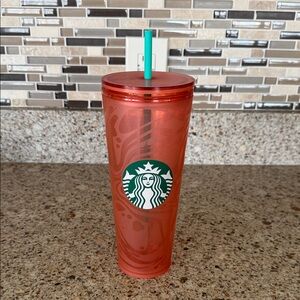 Starbucks Coral Tumbler with Teal Straw